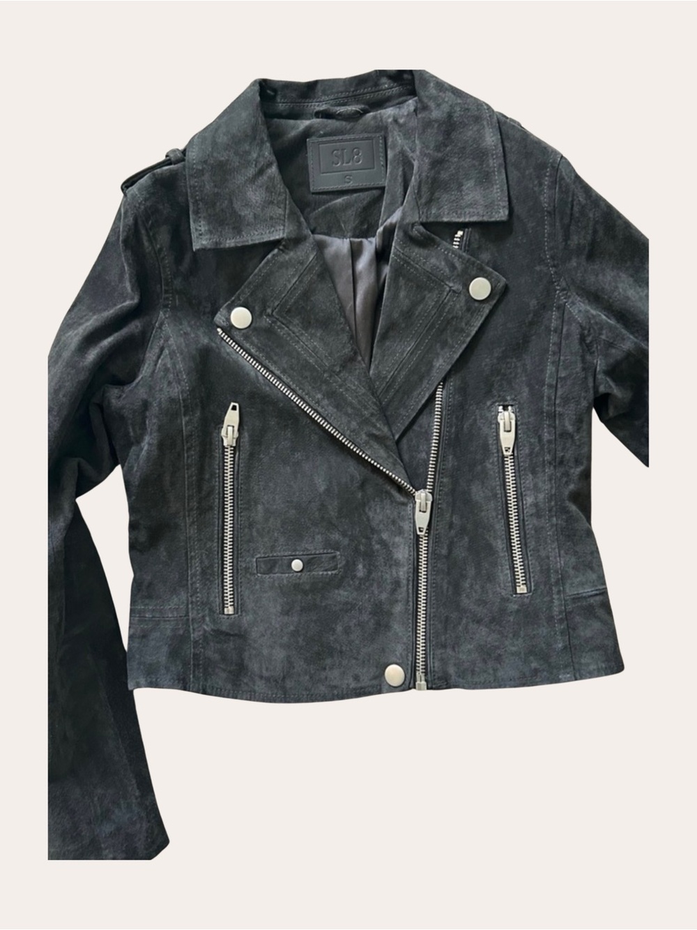 Blank NYC SL8 Charcoal Gray Cropped Suede Moto Jacket Silver Zip Size Small - Picture 14 of 14